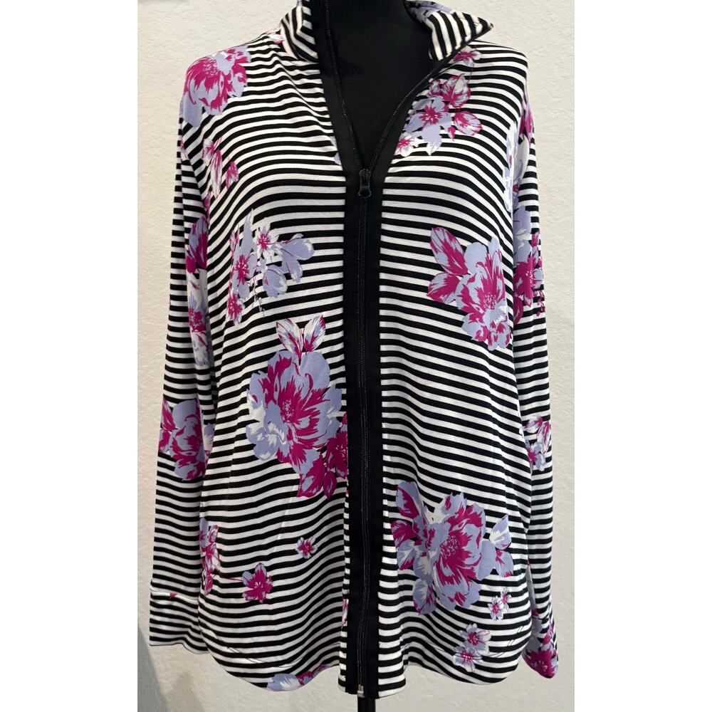 St. John’s Bay Black and White Striped Floral Print Full Zip Jacket Sz Large NWT